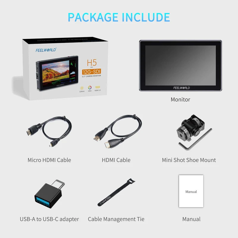 Moniteur de terrain pour appareil photo reflex numérique FEELWORLD H5 5.5 pouces 1200 nits 12G SDI HDMI 2.0 à écran tactile