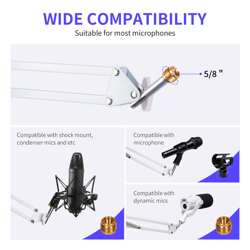 Bras de microphone blanc FEELWORLD AMS1 pour PM1 et microphone dynamique