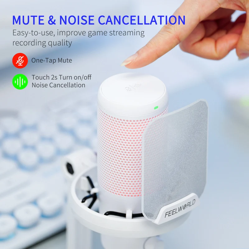 Microphone à condensateur USB pour PC de jeu FEELWORLD VM1 blanc avec support de bureau