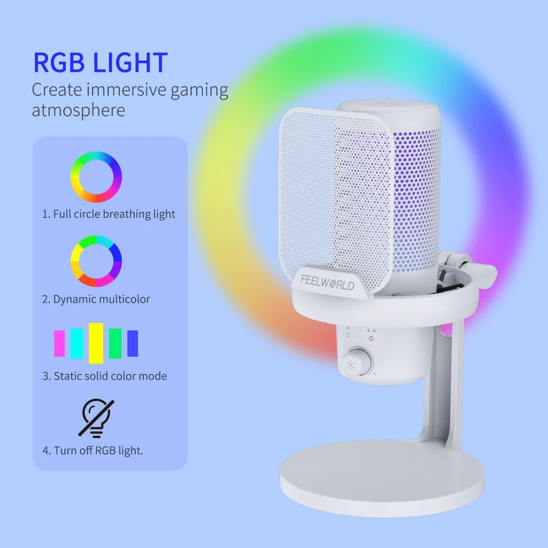 Microphone à condensateur USB pour PC de jeu FEELWORLD VM1 blanc avec support de bureau