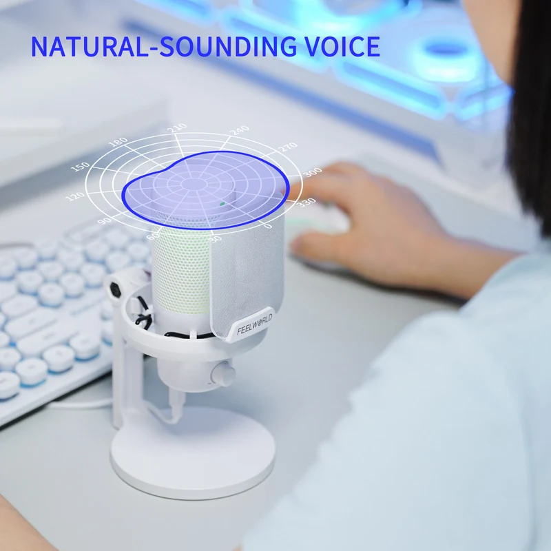 Microphone à condensateur USB pour PC de jeu FEELWORLD VM1 blanc avec support de bureau