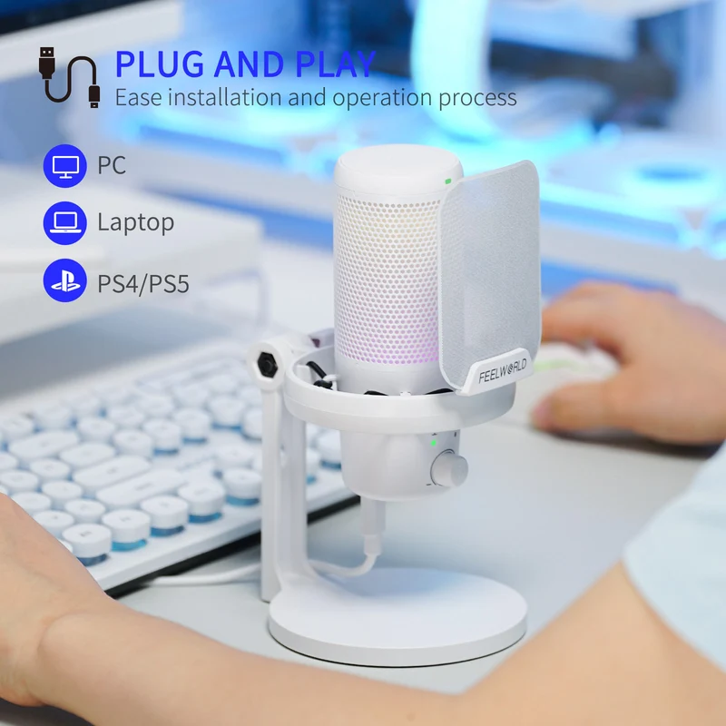 Microphone à condensateur USB pour PC de jeu FEELWORLD VM1 blanc avec support de bureau