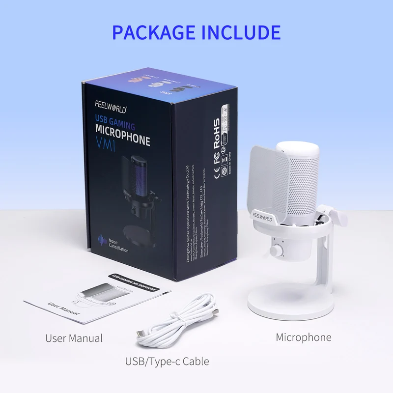 Microphone à condensateur USB pour PC de jeu FEELWORLD VM1 blanc avec support de bureau
