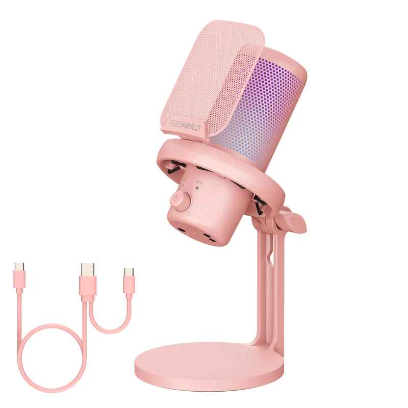 Microphone à condensateur USB pour PC de jeu FEELWORLD VM1 blanc avec support de bureau