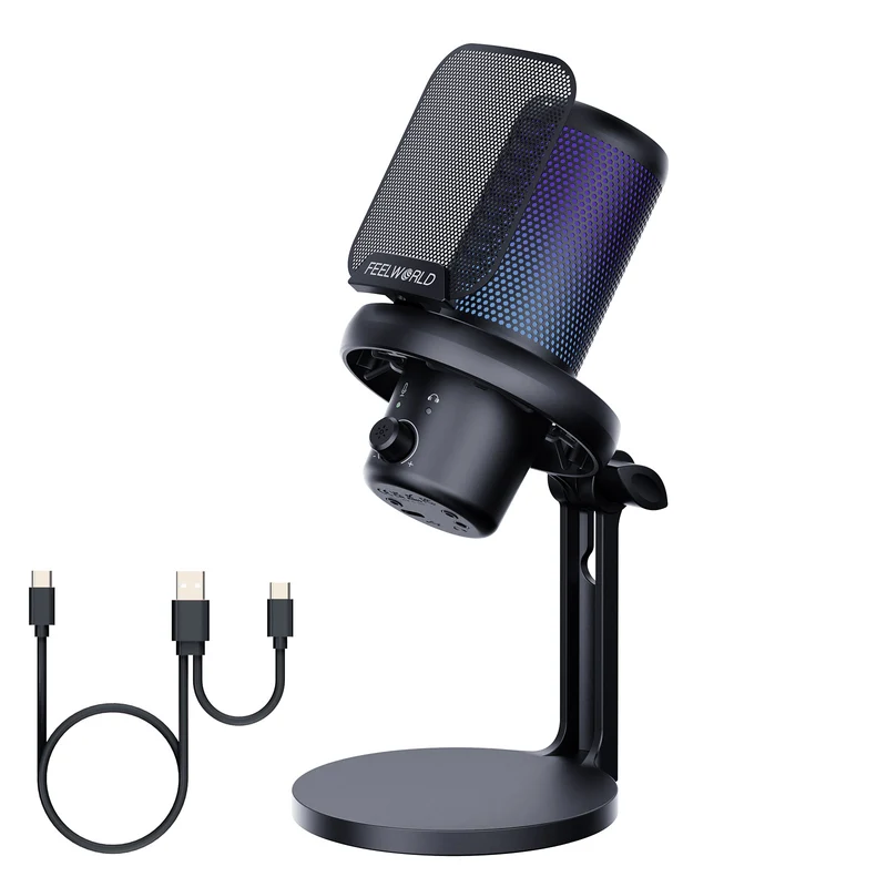 Microphone à condensateur USB pour PC de jeu FEELWORLD VM1 blanc avec support de bureau
