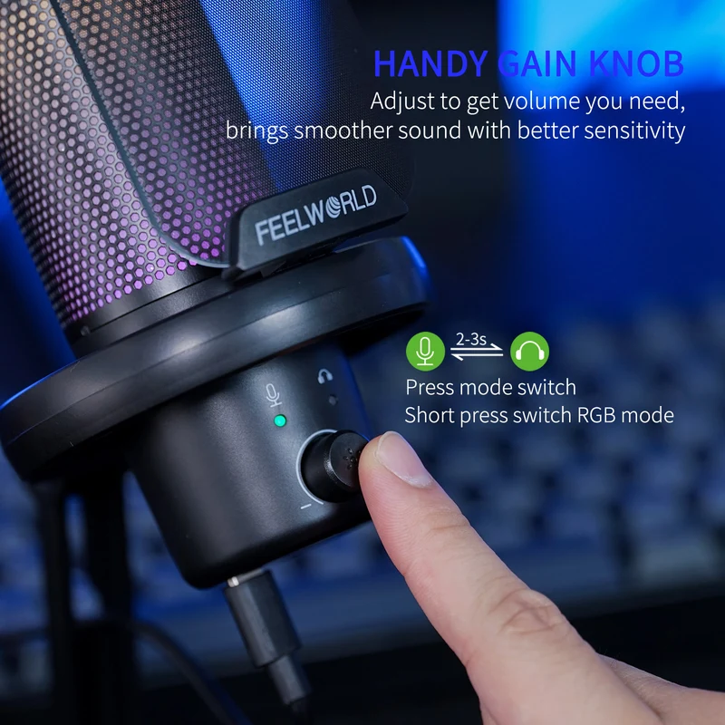 Microphone à condensateur USB pour PC de jeu FEELWORLD VM1 avec support de bureau