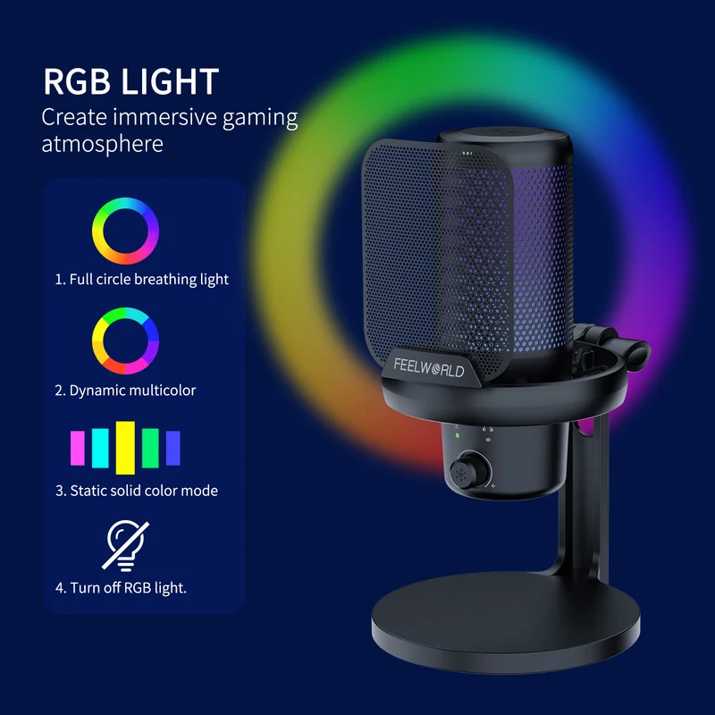 Microphone à condensateur USB pour PC de jeu FEELWORLD VM1 avec support de bureau