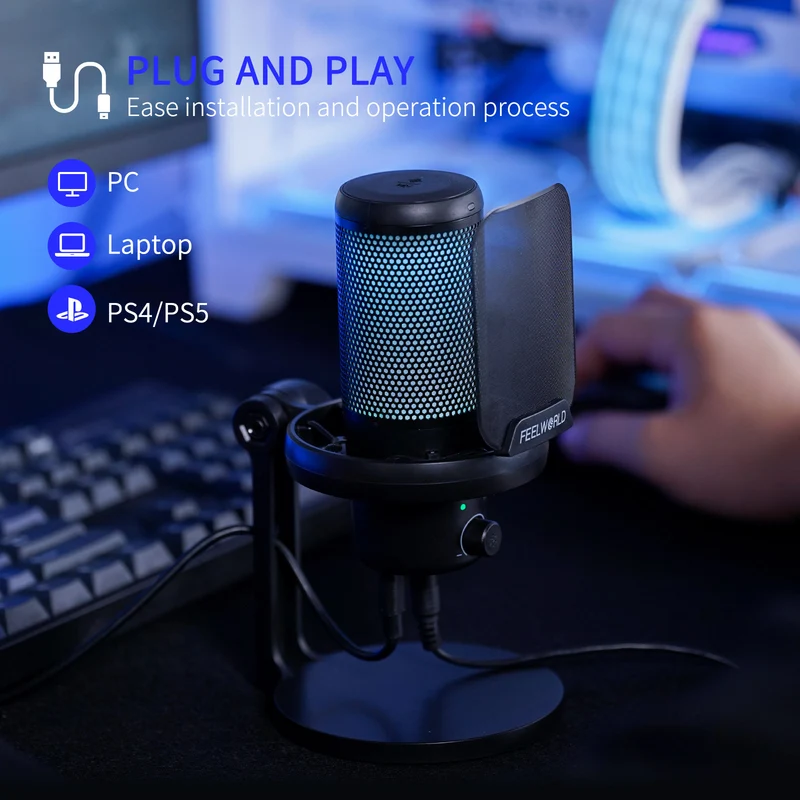 Microphone à condensateur USB pour PC de jeu FEELWORLD VM1 avec support de bureau
