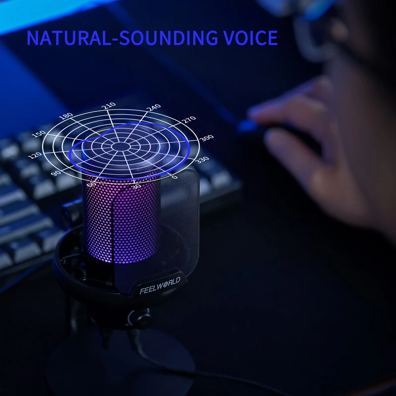 Microphone à condensateur USB pour PC de jeu FEELWORLD VM1 avec support de bureau