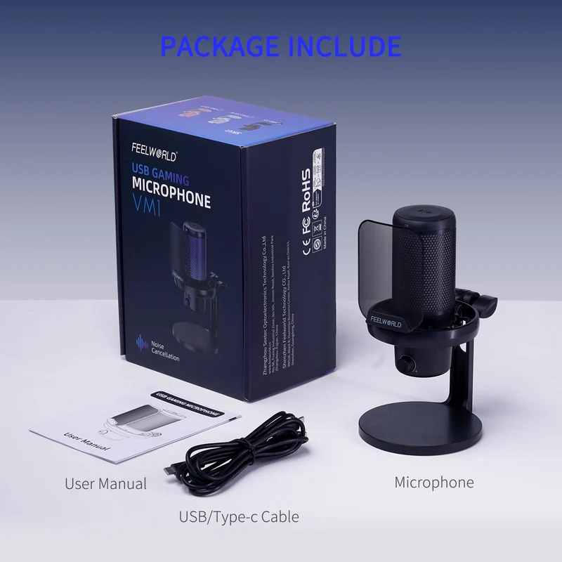 Microphone à condensateur USB pour PC de jeu FEELWORLD VM1 avec support de bureau