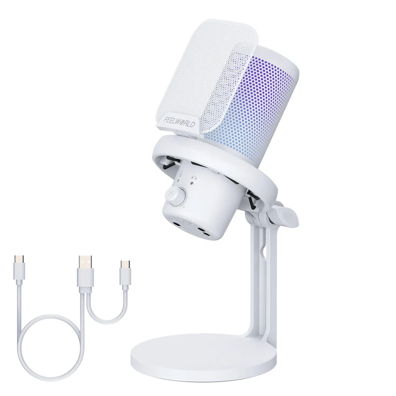 Microphone à condensateur USB pour PC de jeu FEELWORLD VM1 rose avec support de bureau