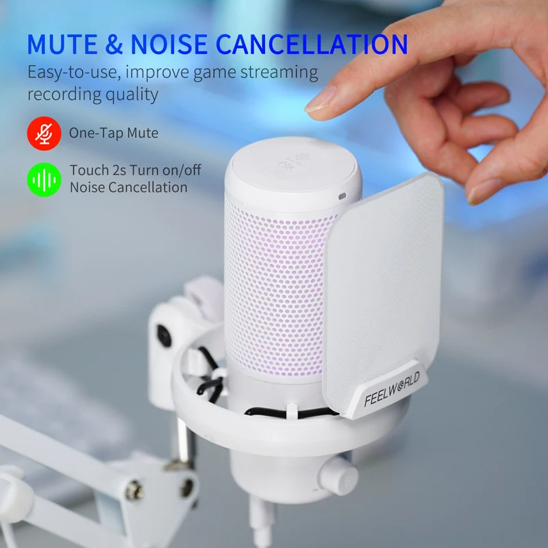 Microphone à condensateur USB pour PC de jeu FEELWORLD VM1 blanc avec support à perche