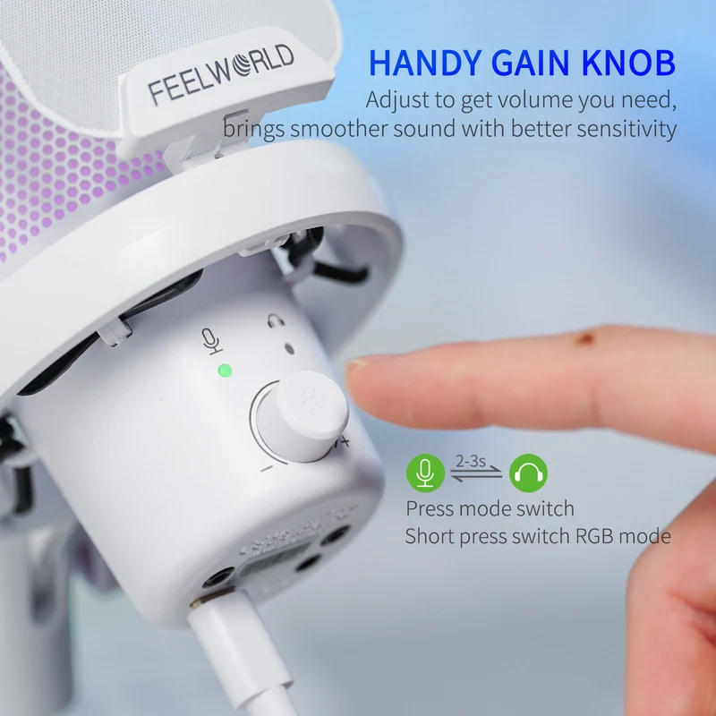 Microphone à condensateur USB pour PC de jeu FEELWORLD VM1 blanc avec support à perche