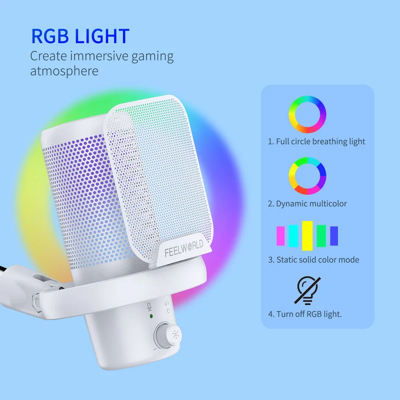 Microphone à condensateur USB pour PC de jeu FEELWORLD VM1 blanc avec support à perche