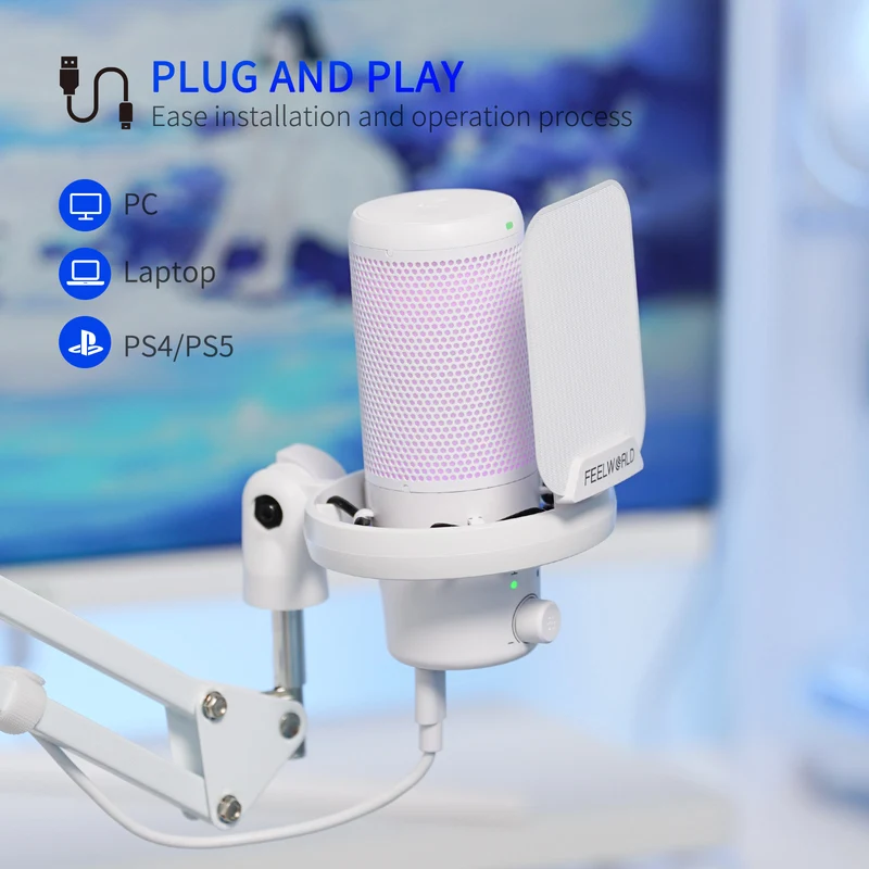 Microphone à condensateur USB pour PC de jeu FEELWORLD VM1 blanc avec support à perche