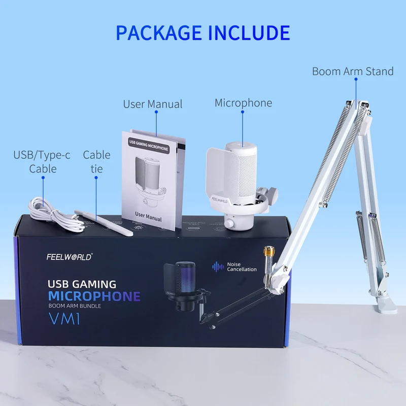 Microphone à condensateur USB pour PC de jeu FEELWORLD VM1 blanc avec support à perche