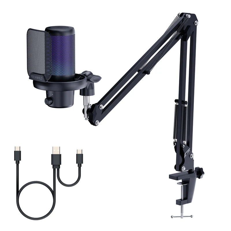 Microphone à condensateur USB pour PC de jeu FEELWORLD VM1 rose avec support à perche