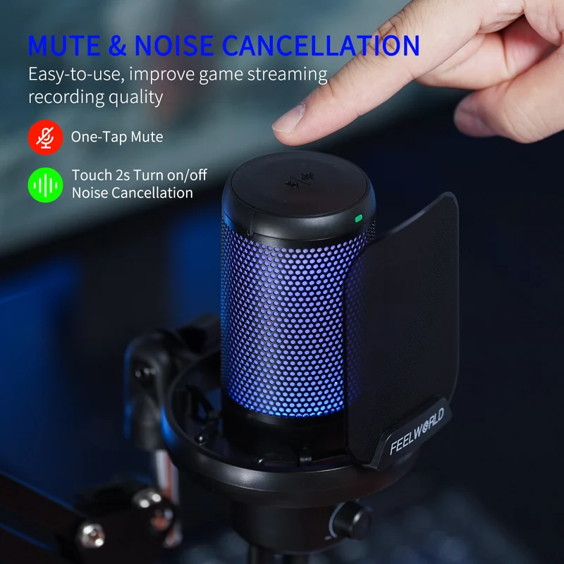 Microphone à condensateur USB pour PC de jeu FEELWORLD VM1 avec support à perche