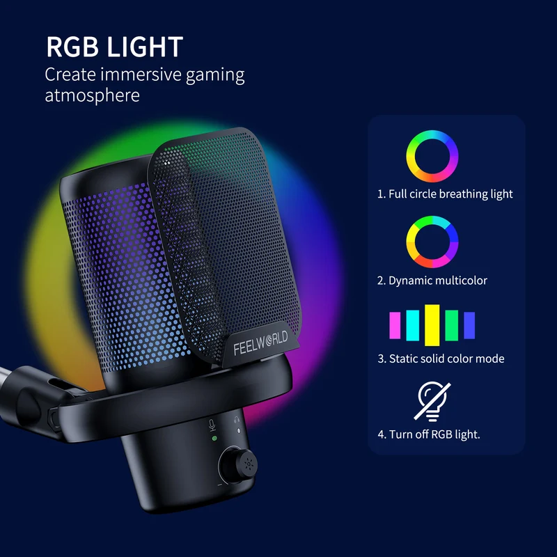 Microphone à condensateur USB pour PC de jeu FEELWORLD VM1 avec support à perche