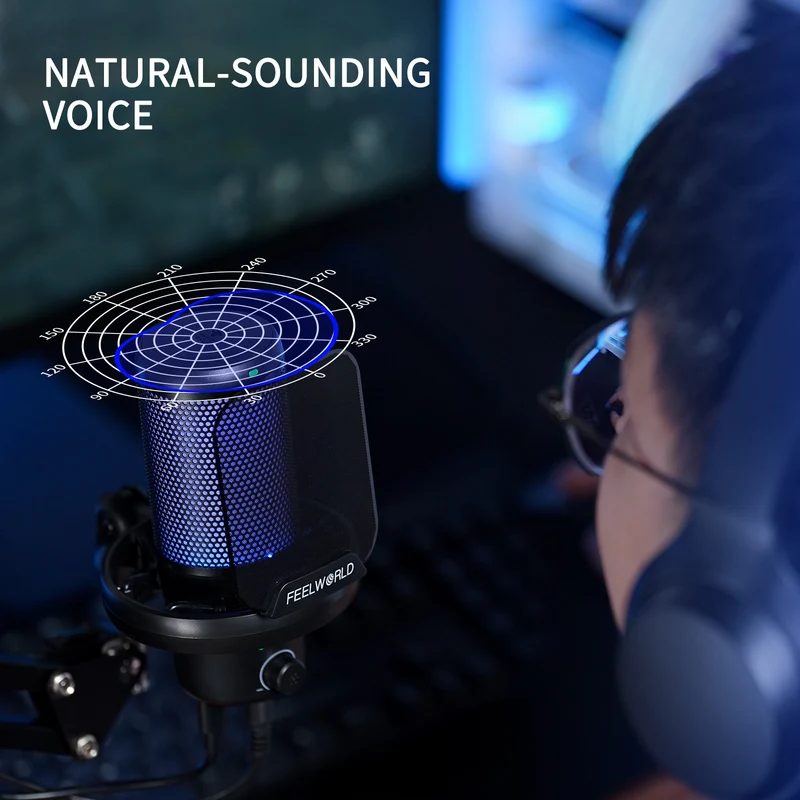 Microphone à condensateur USB pour PC de jeu FEELWORLD VM1 avec support à perche