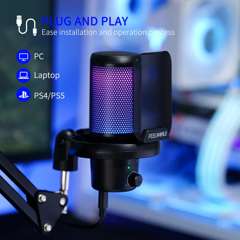 Microphone à condensateur USB pour PC de jeu FEELWORLD VM1 avec support à perche
