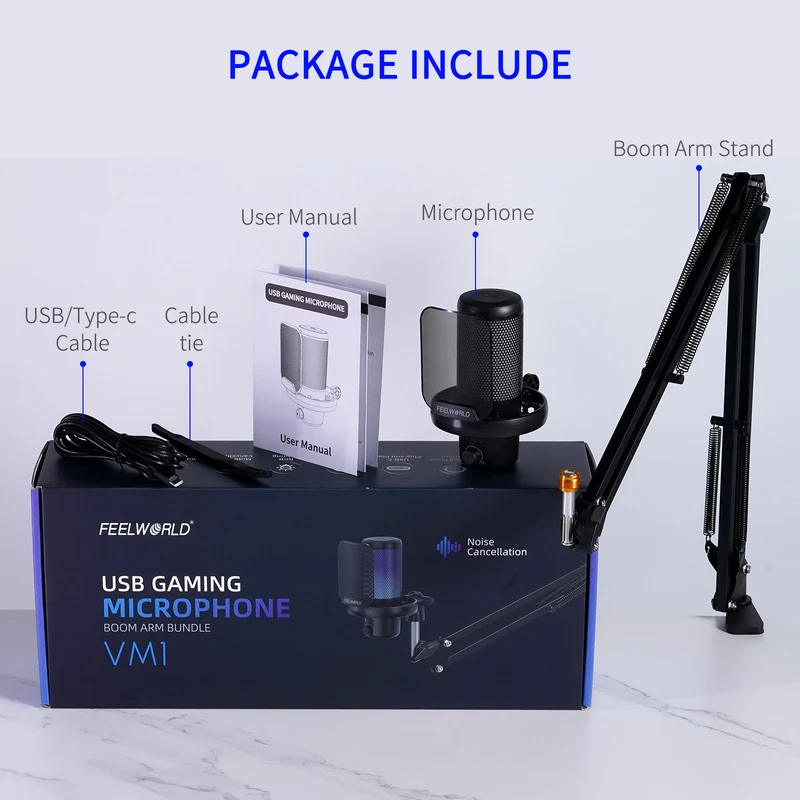 Microphone à condensateur USB pour PC de jeu FEELWORLD VM1 avec support à perche