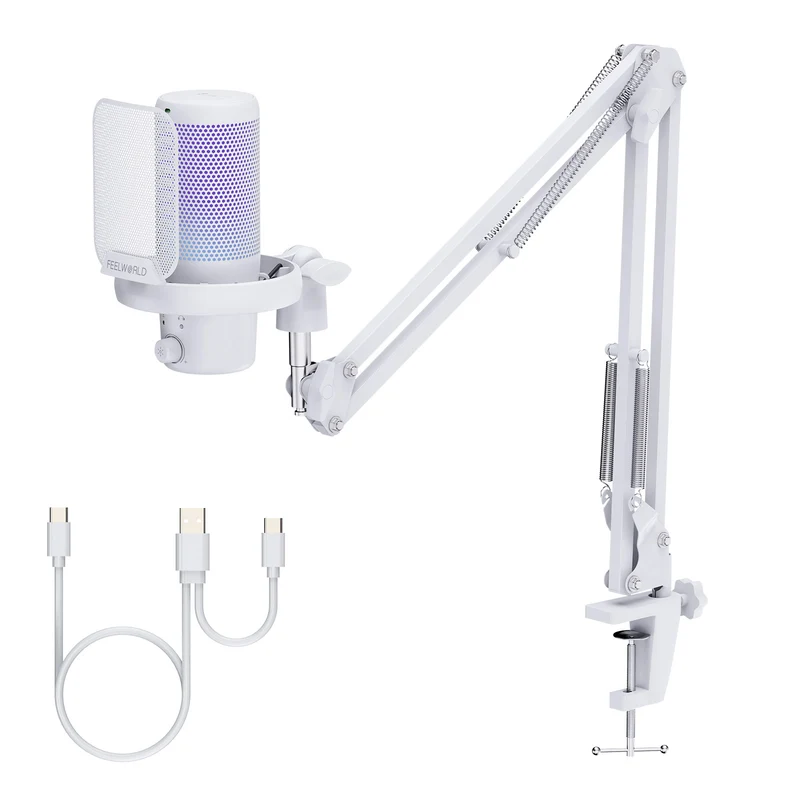 Microphone à condensateur USB pour PC de jeu FEELWORLD VM1 rose avec support à perche