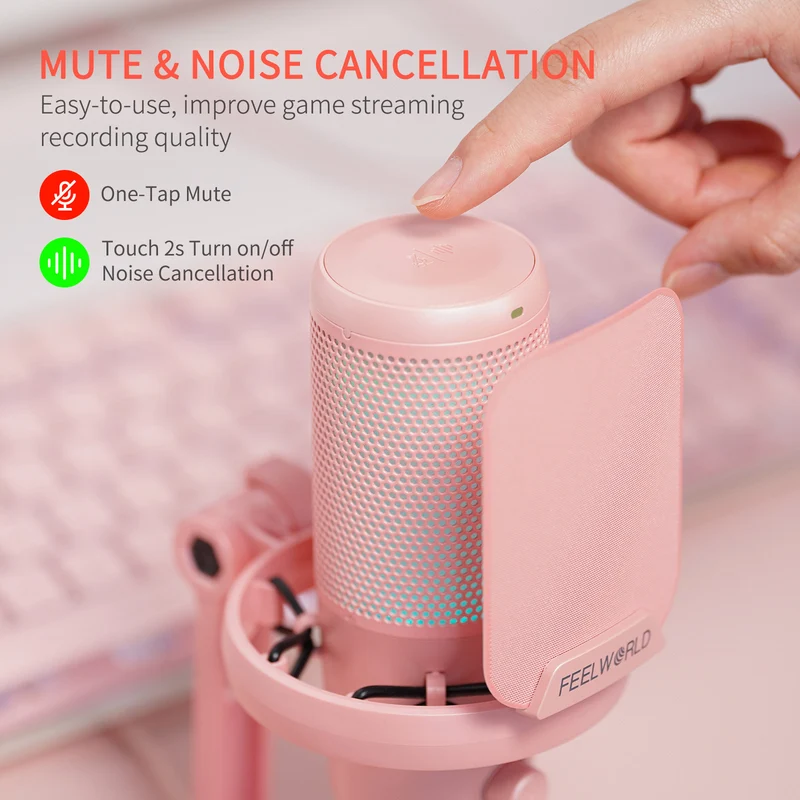 Microphone à condensateur USB pour PC de jeu FEELWORLD VM1 rose avec support de bureau