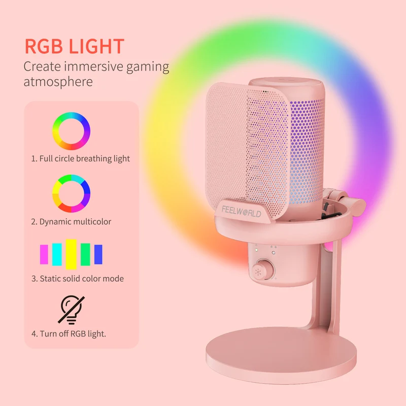Microphone à condensateur USB pour PC de jeu FEELWORLD VM1 rose avec support de bureau