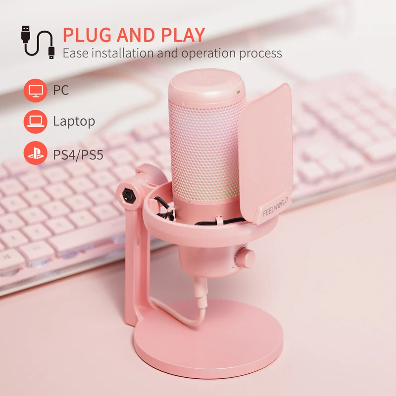 Microphone à condensateur USB pour PC de jeu FEELWORLD VM1 rose avec support de bureau