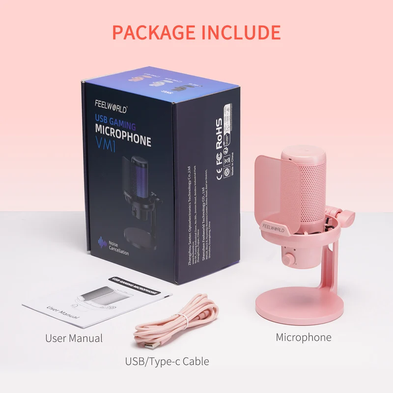 Microphone à condensateur USB pour PC de jeu FEELWORLD VM1 rose avec support de bureau