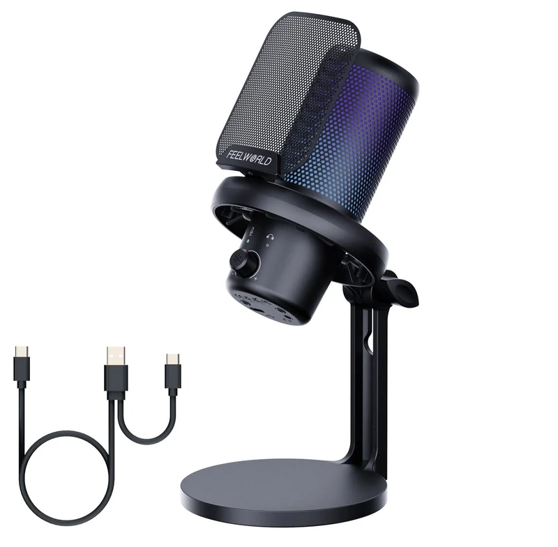 Microphone à condensateur USB pour PC de jeu FEELWORLD VM1 rose avec support de bureau