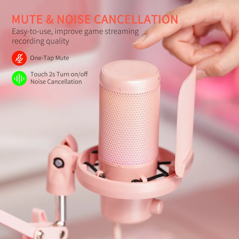 Microphone à condensateur USB pour PC de jeu FEELWORLD VM1 rose avec support à perche