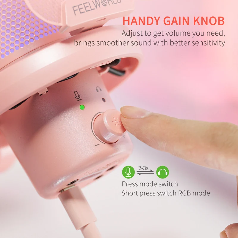 Microphone à condensateur USB pour PC de jeu FEELWORLD VM1 rose avec support à perche