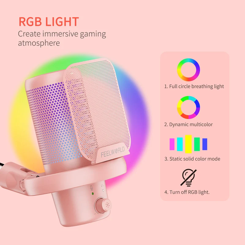 Microphone à condensateur USB pour PC de jeu FEELWORLD VM1 rose avec support à perche