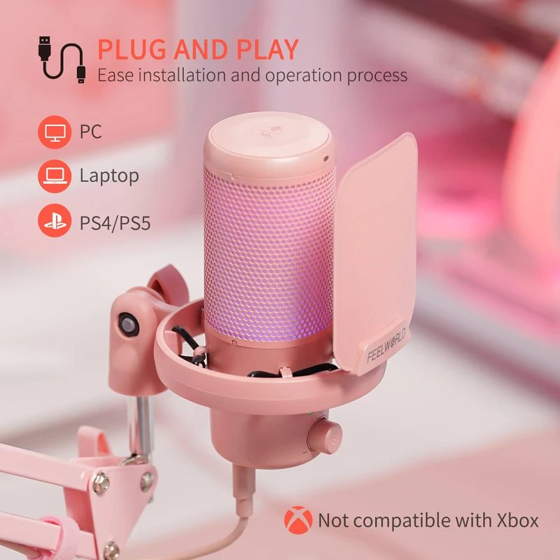 Microphone à condensateur USB pour PC de jeu FEELWORLD VM1 rose avec support à perche