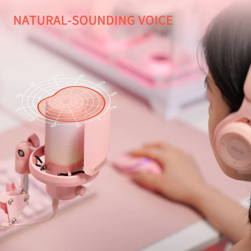 Microphone à condensateur USB pour PC de jeu FEELWORLD VM1 rose avec support à perche