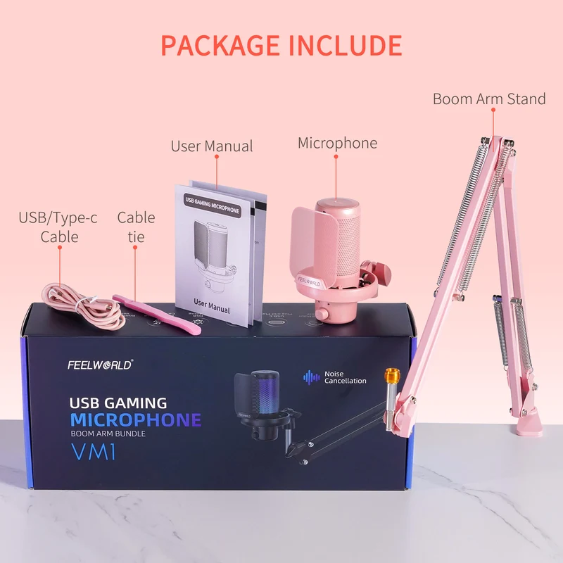 Microphone à condensateur USB pour PC de jeu FEELWORLD VM1 rose avec support à perche