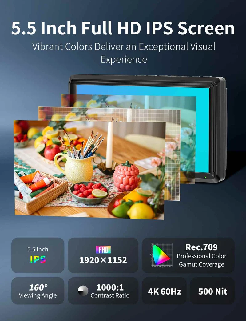 Moniteur de terrain FEELWORLD S55E 5.5 pouces 500 nits pour appareils photo reflex numériques, dalle IPS Full HD, compatible 4K, entrée et sortie HDMI.