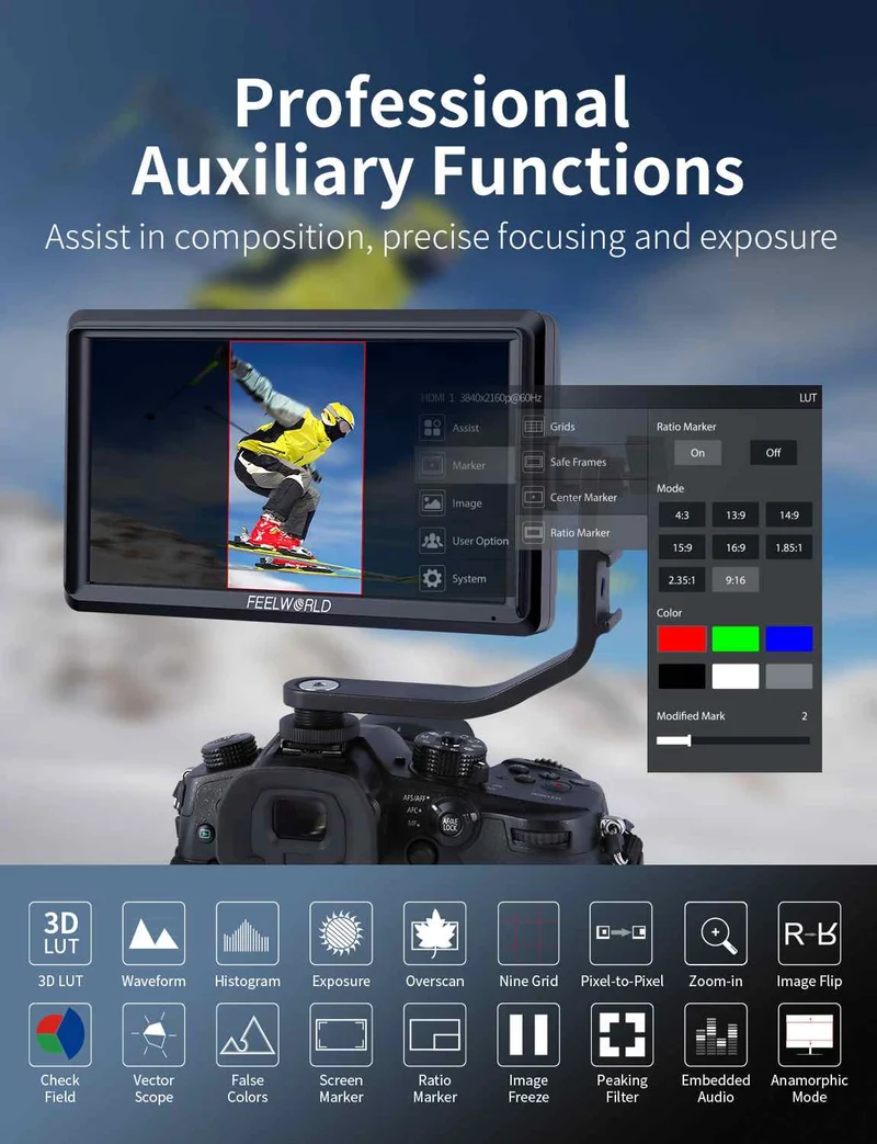 Moniteur de terrain FEELWORLD S55E 5.5 pouces 500 nits pour appareils photo reflex numériques, dalle IPS Full HD, compatible 4K, entrée et sortie HDMI.
