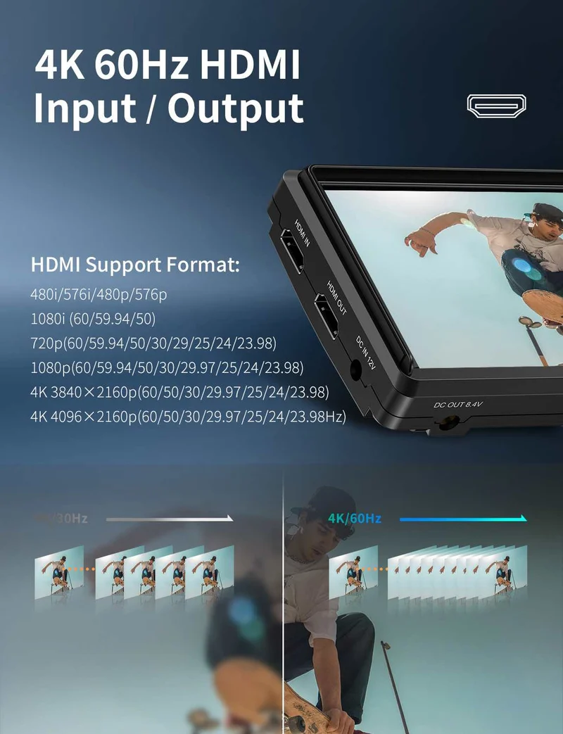 Moniteur de terrain FEELWORLD S55E 5.5 pouces 500 nits pour appareils photo reflex numériques, dalle IPS Full HD, compatible 4K, entrée et sortie HDMI.