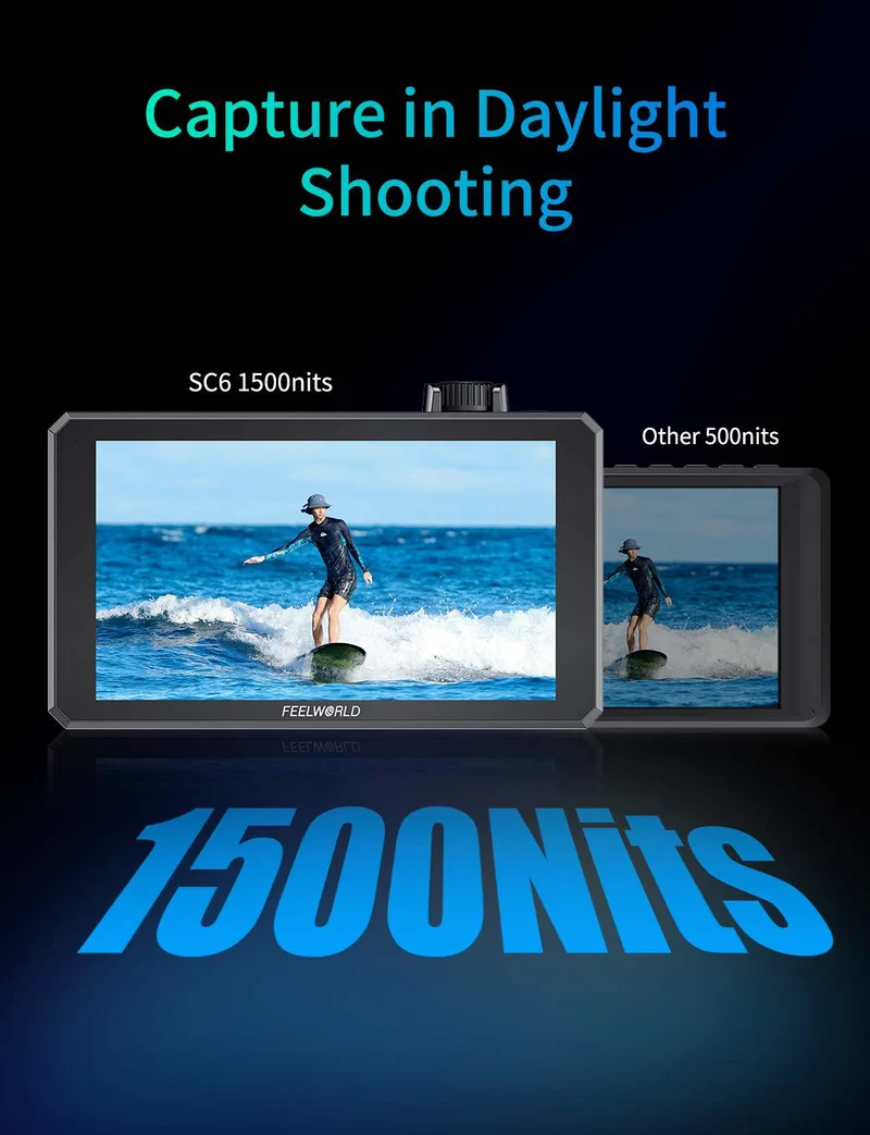 Moniteur tactile FEELWORLD SC6 6 pouces 1500 nits haute luminosité en aluminium pour appareils photo reflex numériques, avec interface 3G-SDI, 4K et HDMI 60 Hz.