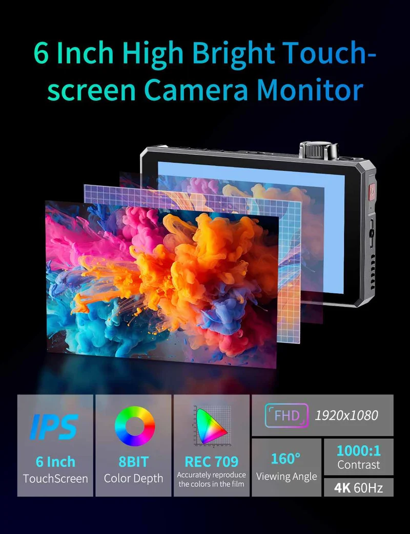 Moniteur tactile FEELWORLD SC6 6 pouces 1500 nits haute luminosité en aluminium pour appareils photo reflex numériques, avec interface 3G-SDI, 4K et HDMI 60 Hz.