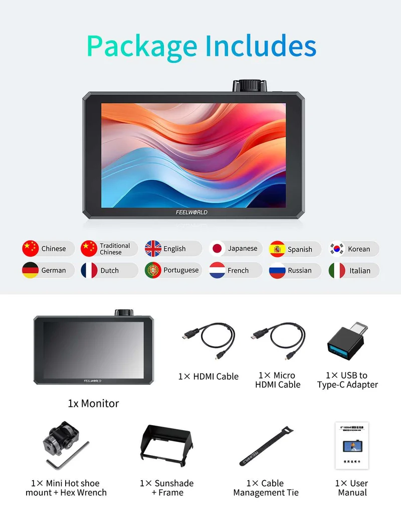 Moniteur tactile FEELWORLD SC6 6 pouces 1500 nits haute luminosité en aluminium pour appareils photo reflex numériques, avec interface 3G-SDI, 4K et HDMI 60 Hz.