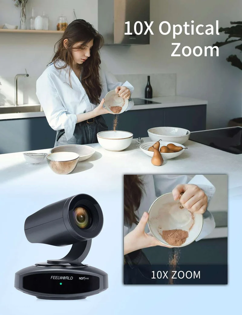 Caméra PTZ 4K FEELWORLD NDI10X avec zoom optique 10x, suivi IA, HDMI, USB et télécommande IP