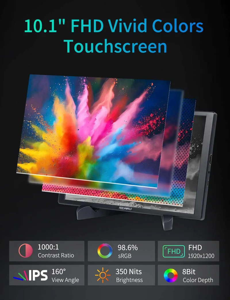 Moniteur externe portable FEELWORLD D10 10.1 pouces 350 nits Tactile FHD 1920 x 1200 USB-C HDMI