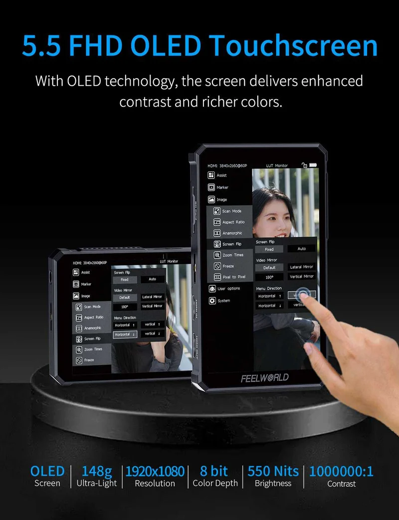 Moniteur vidéo FEELWORLD PS6 5.5 pouces 550 nits OLED vertical horizontal avec écran tactile 4K HDMI
