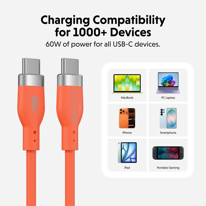 Câble de recharge HyperJuice Flex USB-C en silicone - Orange