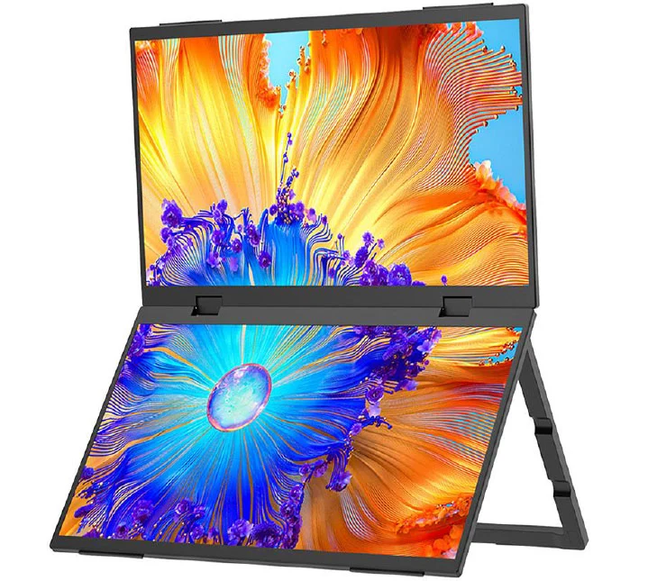 Moniteur double écran pliable 15.6" 1080p avec rotation à 360° et extension pour ordinateur portable, PC et Mac avec support VESA
