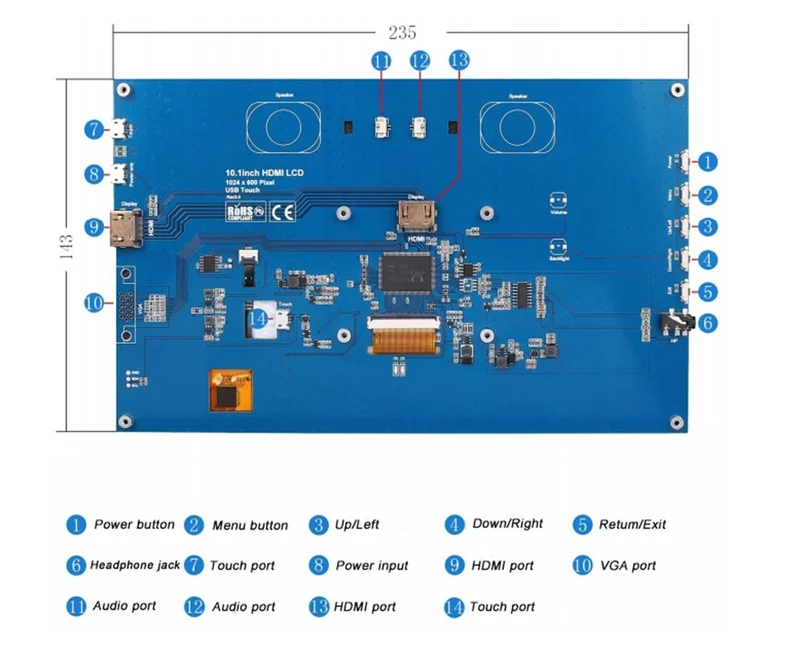 Écran TFT haute luminosité IPS 10.1 pouces (1024 x 600 px) sans fonction tactile